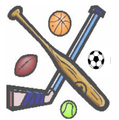 Crossed baseball bat and hockey stick with soccer ball, basketball, football, and tennis ball icons