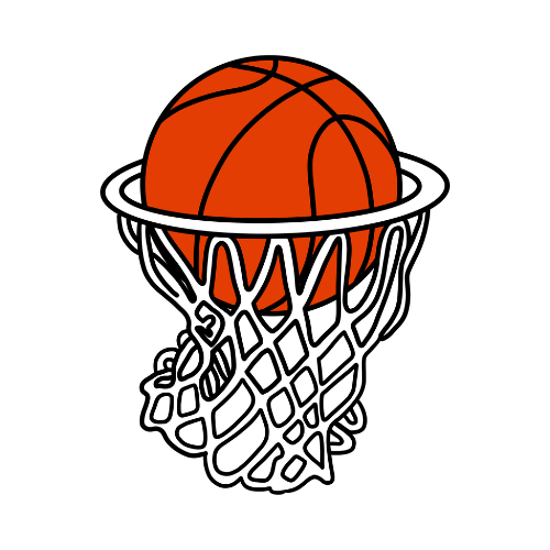 Orange basketball in a white hoop and net, making a basket