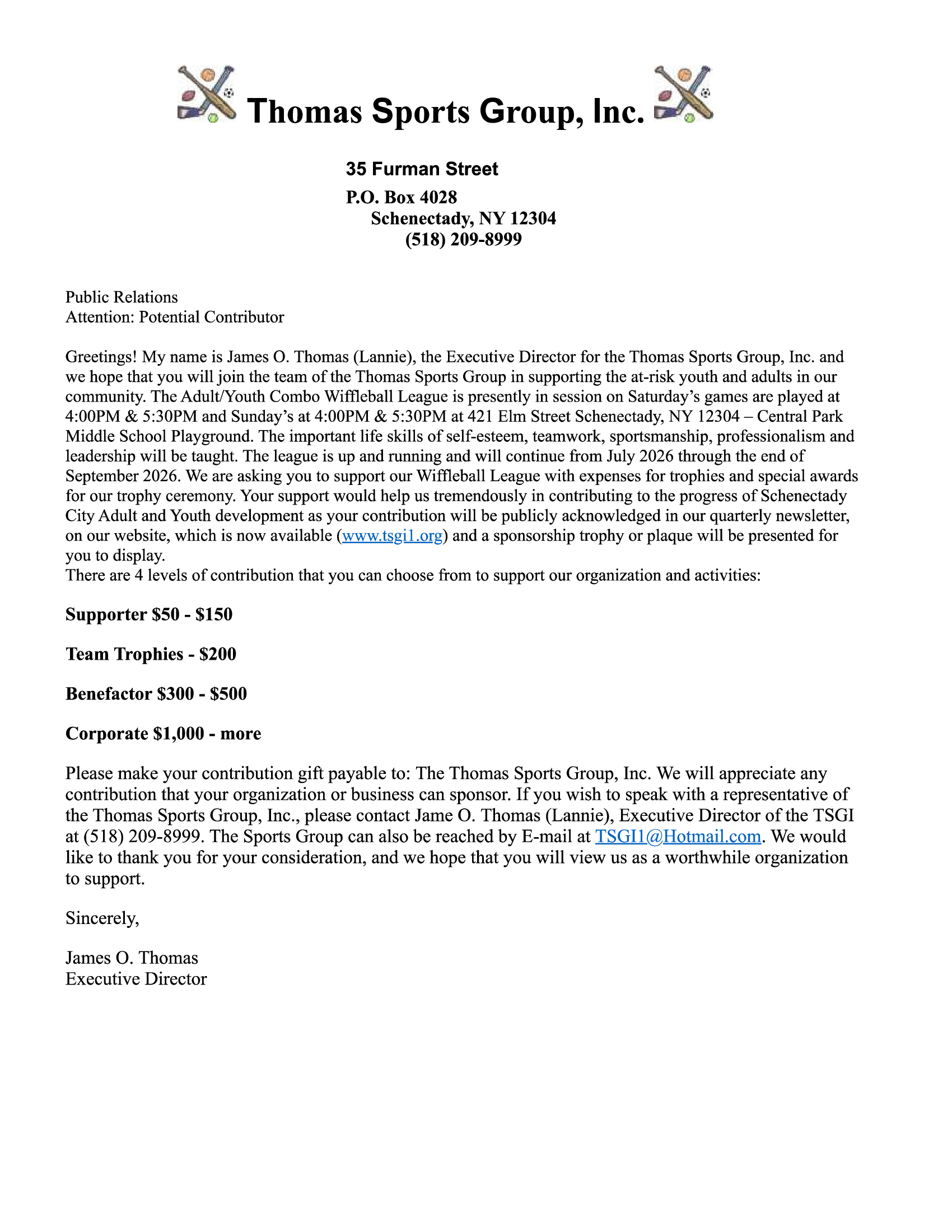 Letterhead from Thomas Sports Group, Inc. with a typed fundraiser letter and contact details