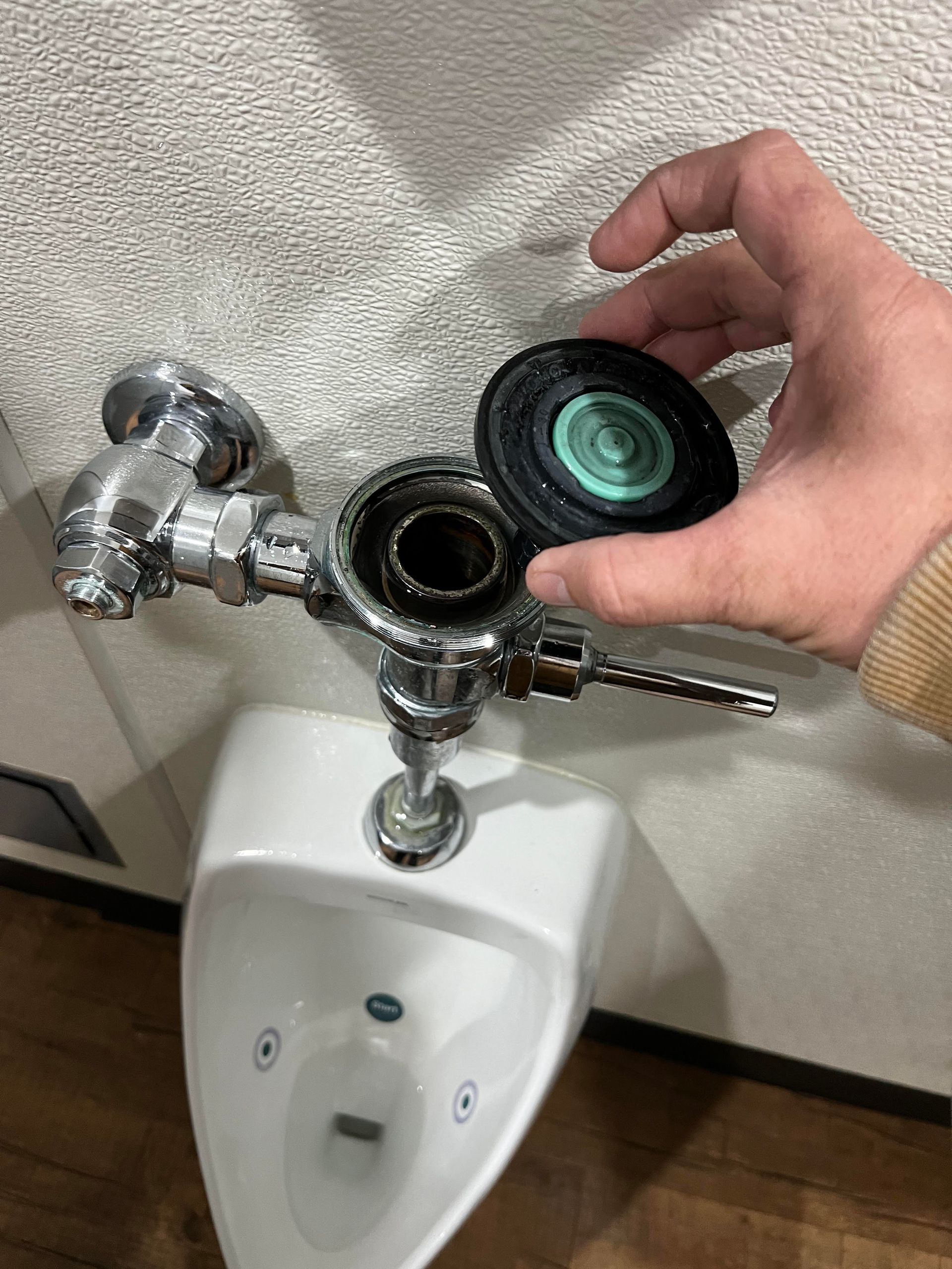 Hand holding a black cap above a chrome bathroom fixture over a toilet, with the sink drain exposed