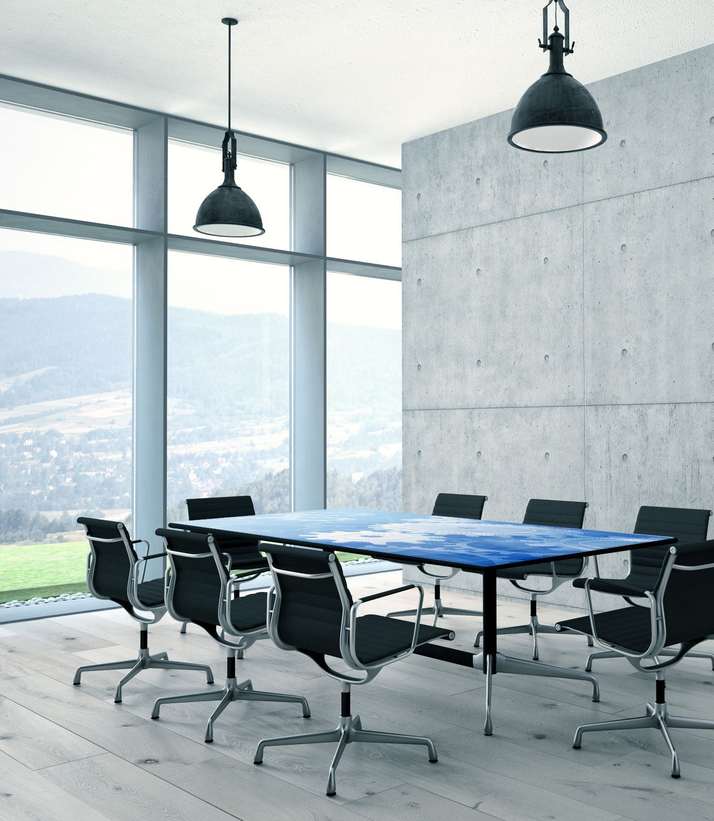 Ein Konferenzraum mit einem blauen Tisch und schwarzen Stühlen