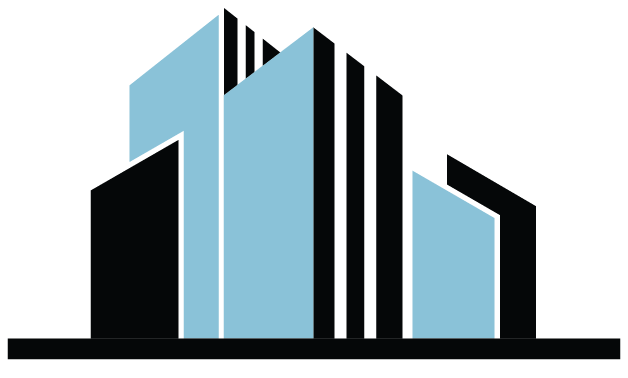 Stylized blue and black geometric building logo with vertical stripes on a white background