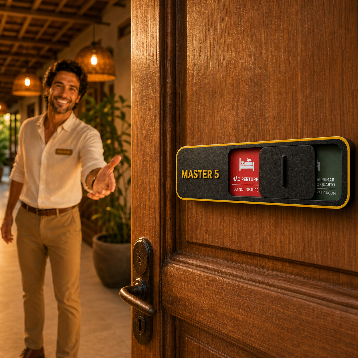 Porta da pousada com uma elegante placa de não perturbe na acomodação; Concierge de camisa branca parado na entrada da acomodação e uma iluminação aconchegante.