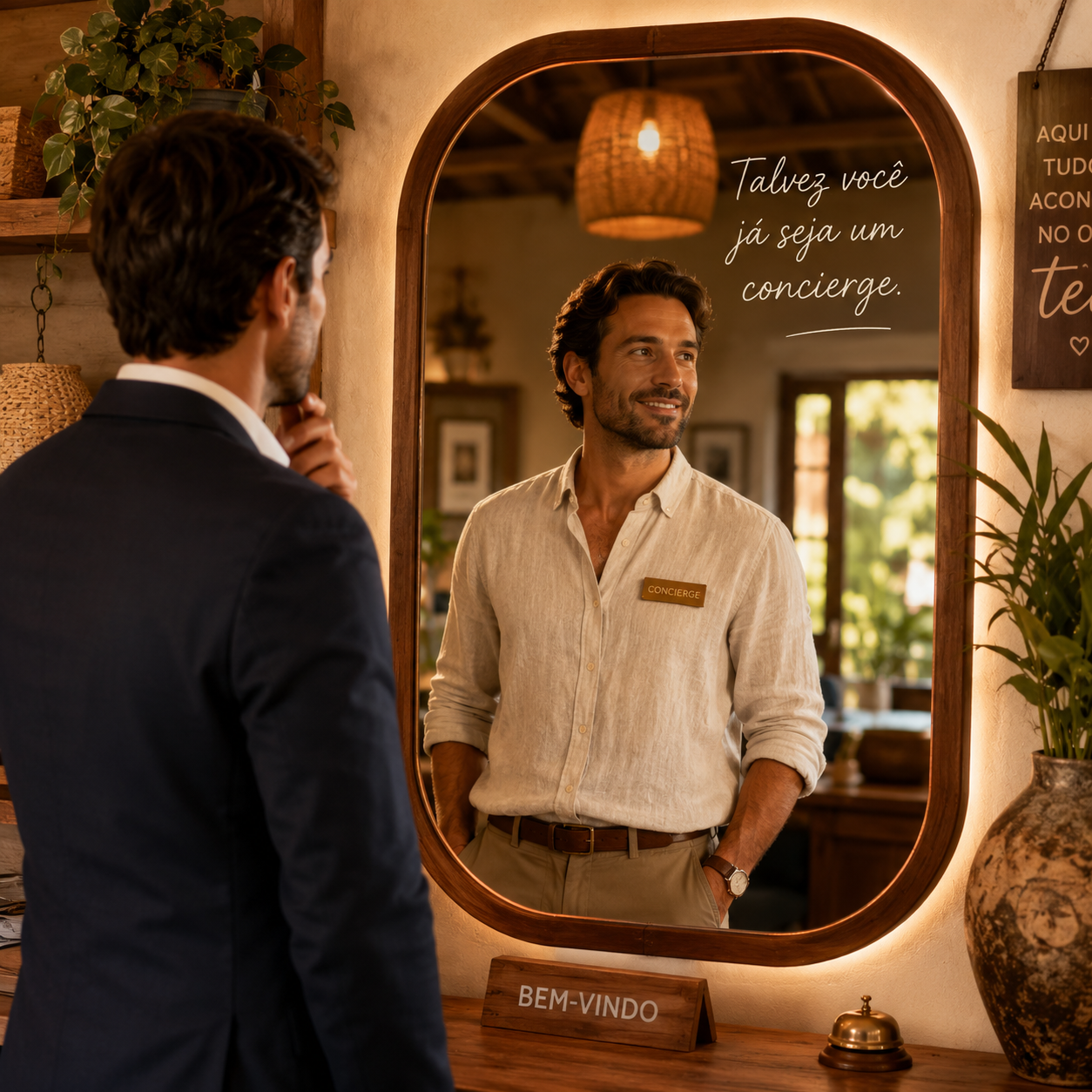 Gerente se olhando em um espelho com iluminação aconchegante, com sua versão concierge refletida em primeiro plano, dentro de um recepção de pousada acolhedora.