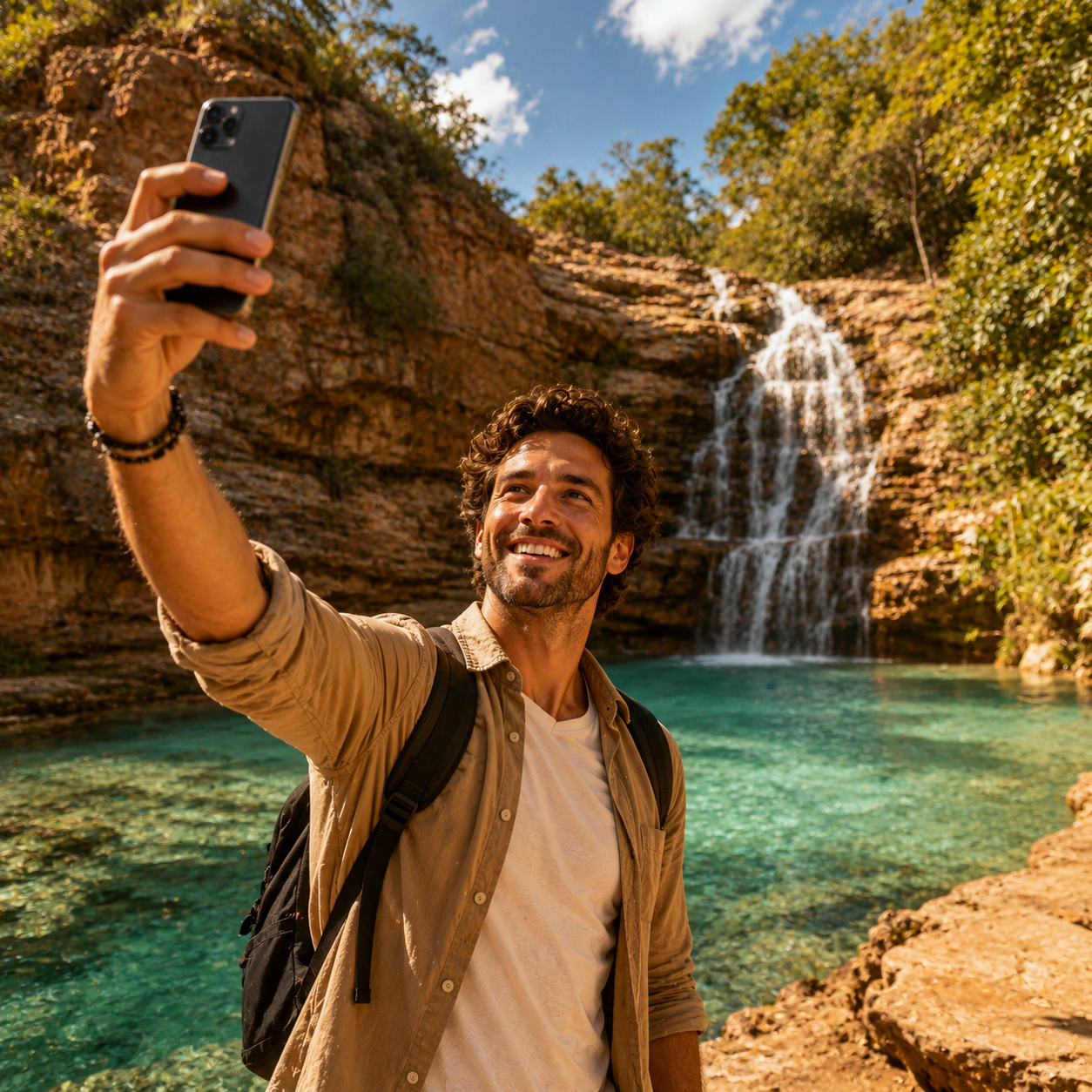 Hóspede tirando uma selfie instagramável perto de uma cachoeira turquesa e uma piscina rochosa sob um céu ensolarado.