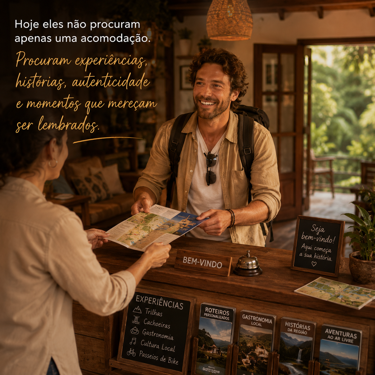 Viajante na recepção de uma pousada, sorrindo e segurando um mapa, com placa em português e folhetos à mostra, sendo atendido por um concierge.