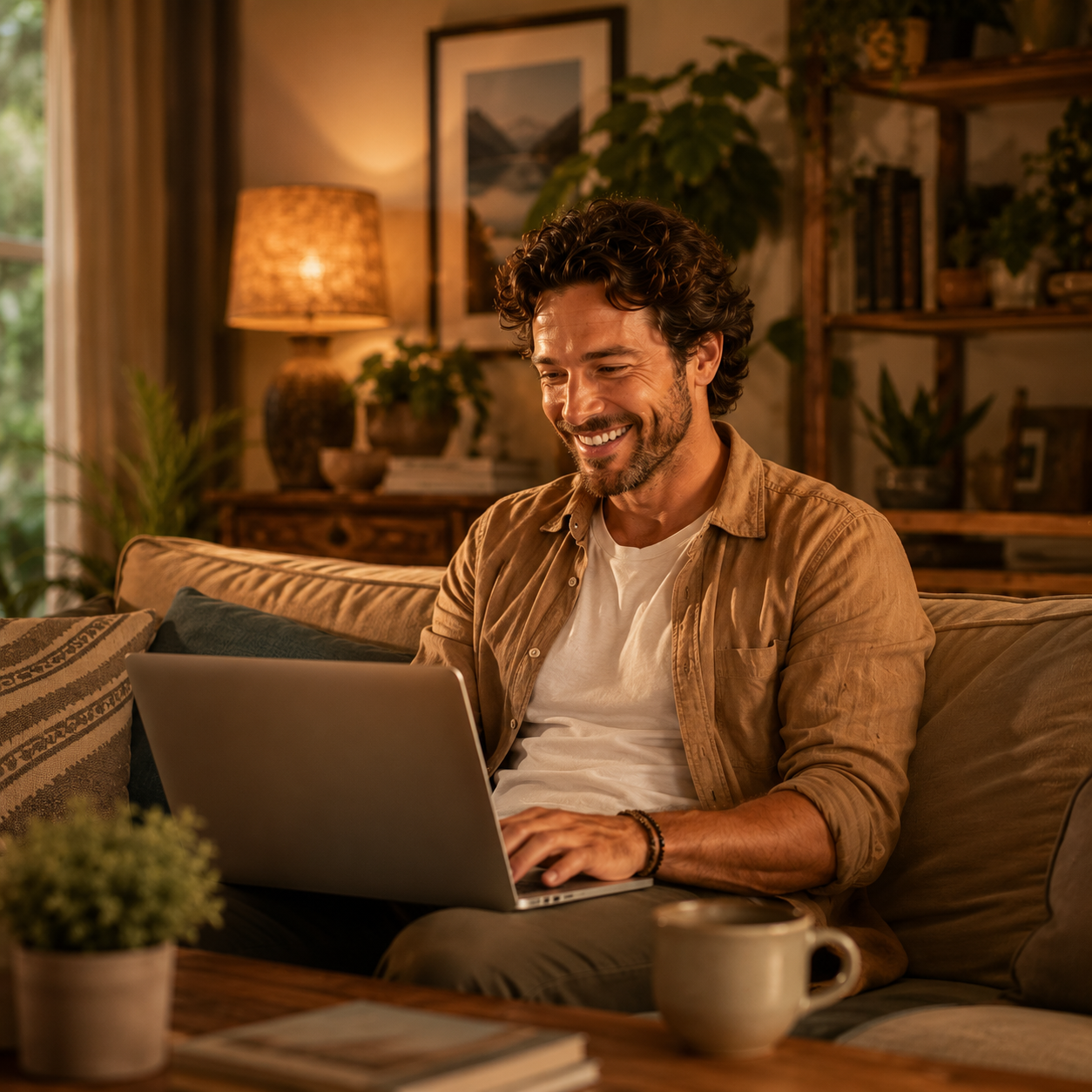 Homem sorrindo em um sofá usando um laptop para acessar informações turísticas da cidade de destino, em uma sala de estar aconchegante e com iluminação quente.