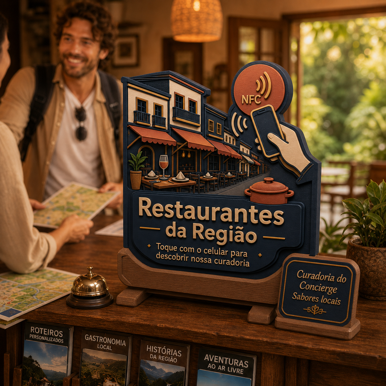 Display com um guia oferecido pelo serviço de concierge e acessado através de um ícone de NFC “Restaurantes da Região.”