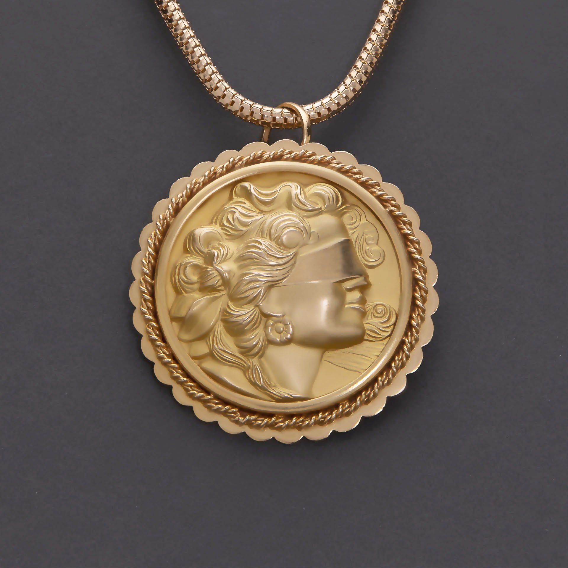 A gold coin with a woman 's head on it
