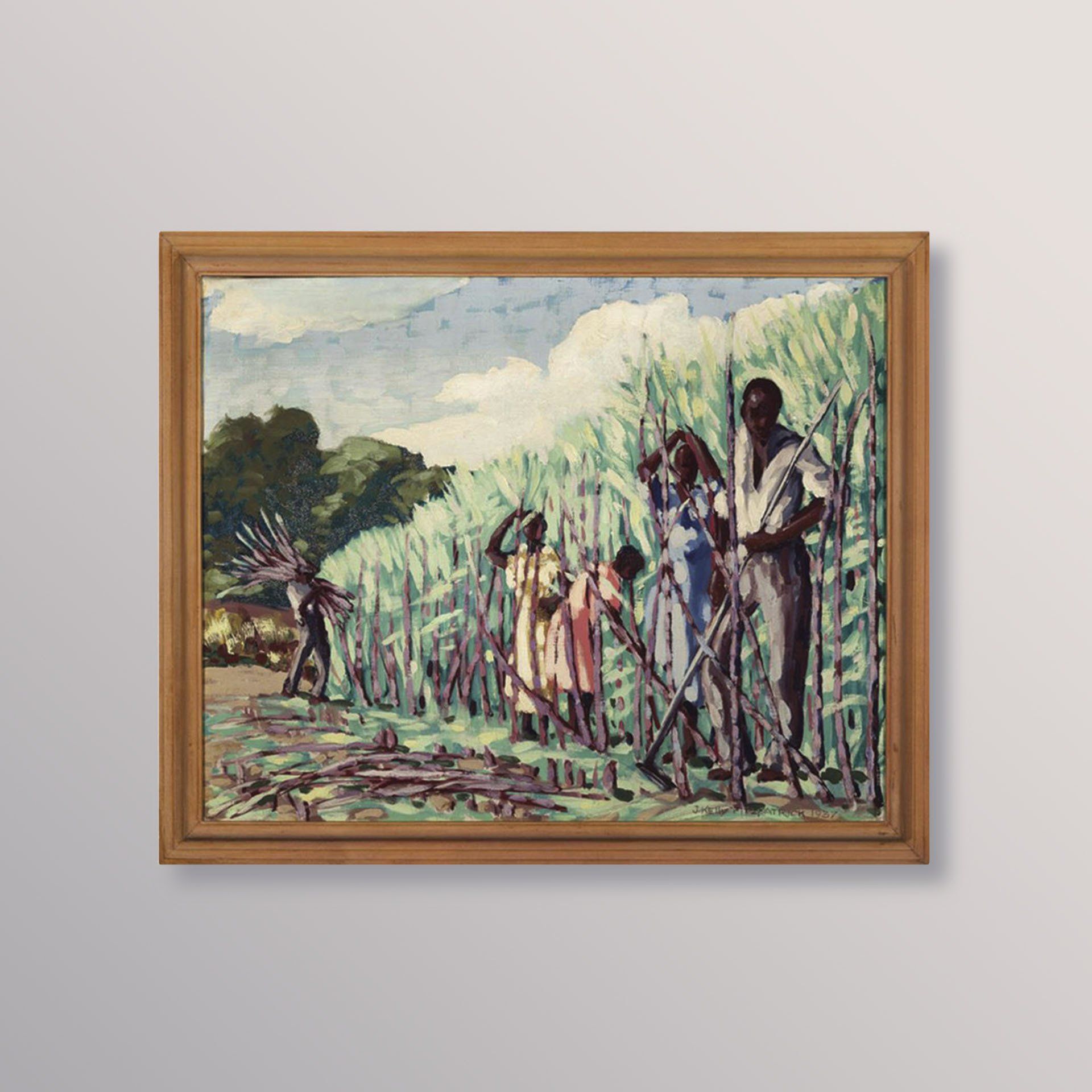 A framed painting of a group of people standing in a field.