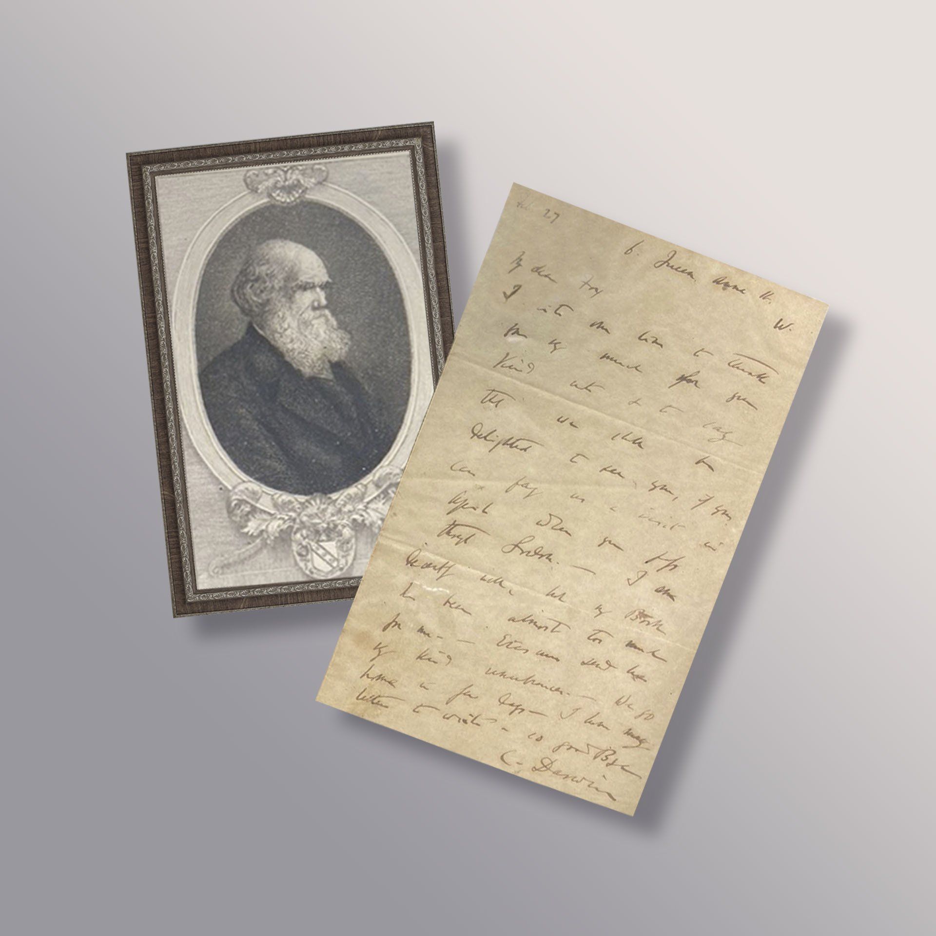 A letter and a picture of a man with a beard