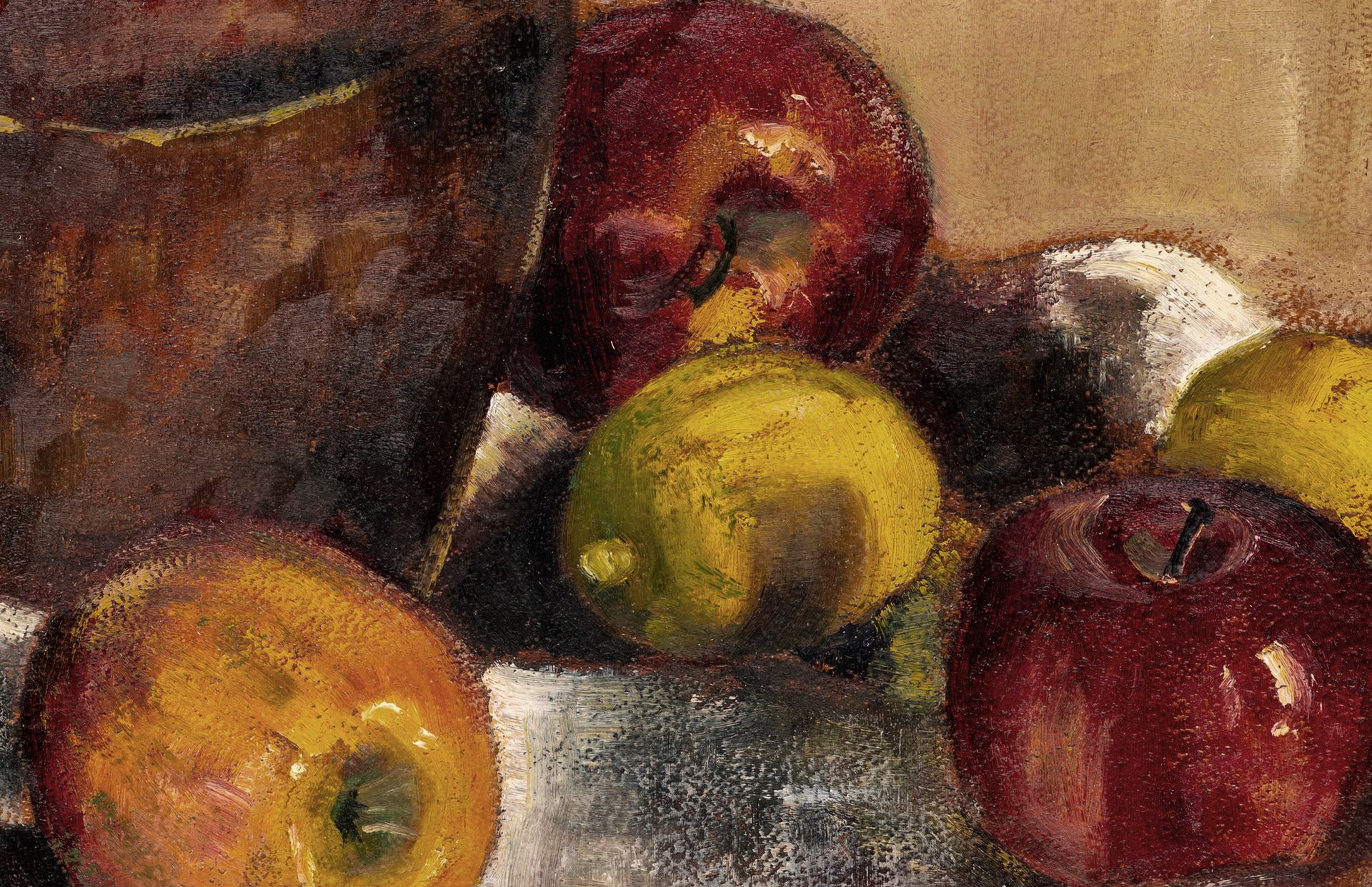 A painting of apples and lemons on a table