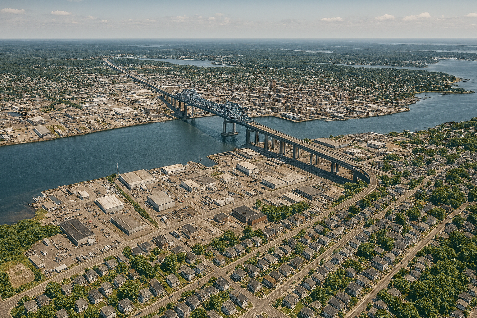 An aerial view of a bridge over a river in a city.