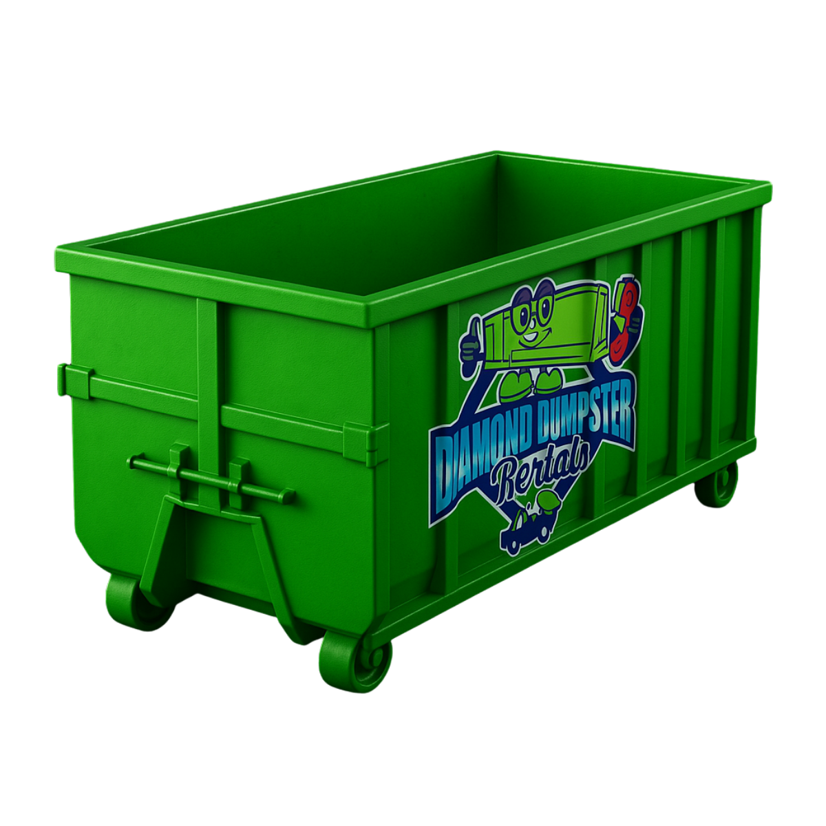 A green dumpster with wheels on a white background.