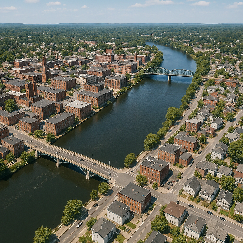 An aerial view of a city with a bridge over a river