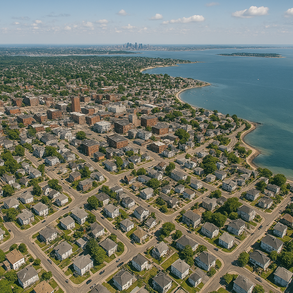 An aerial view of a residential area next to a body of water.