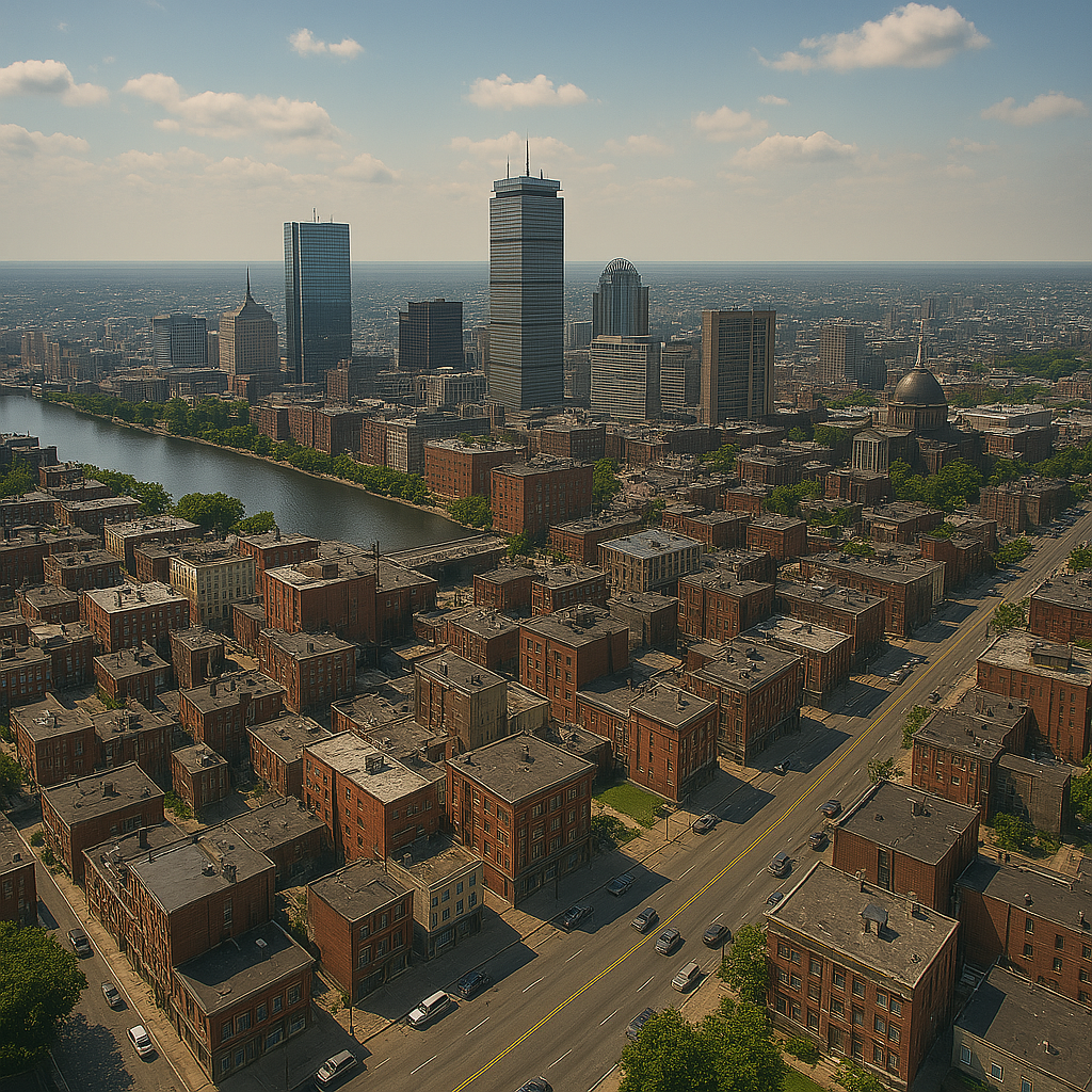 An aerial view of a city with a river running through it