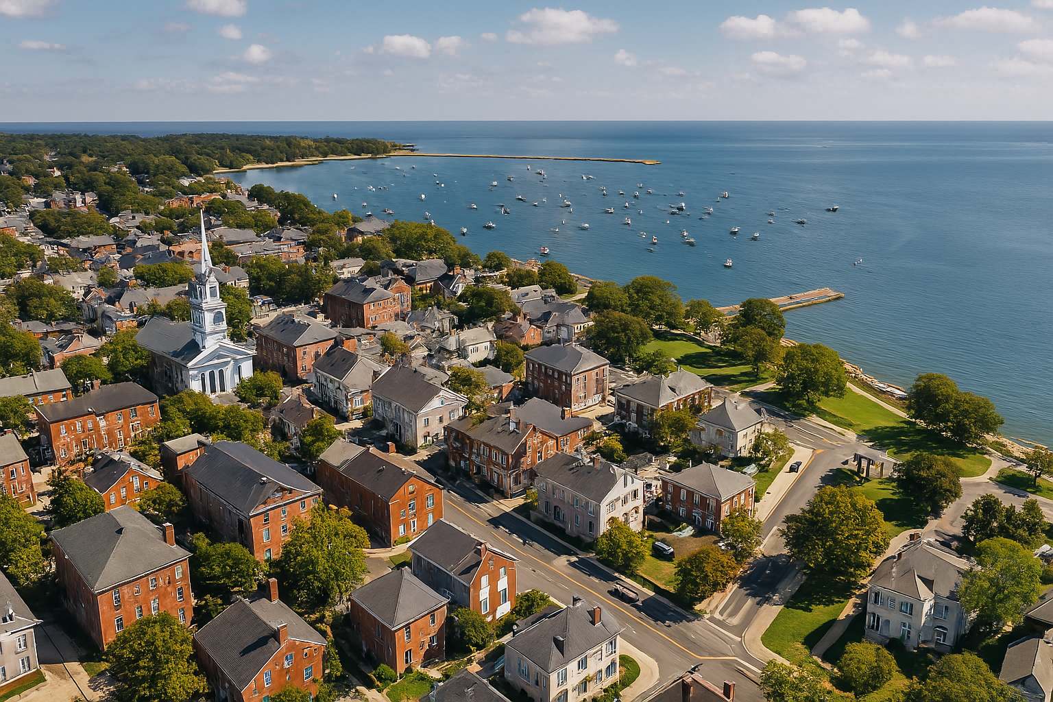 An aerial view of a small town next to a body of water.