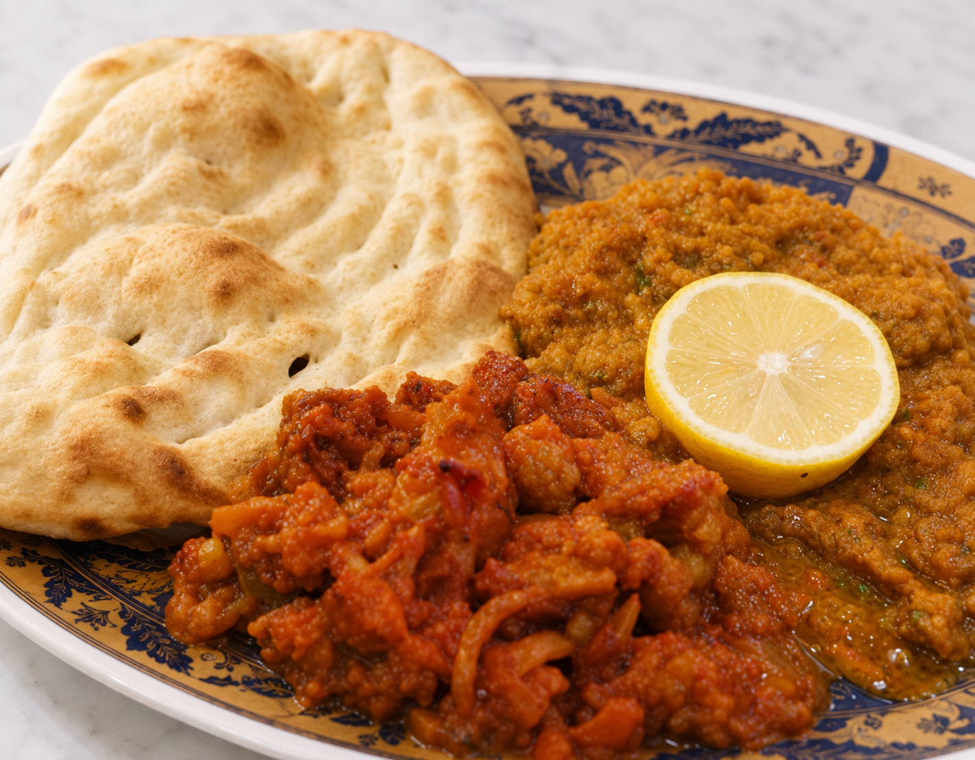 Plate with naan, red curry, yellow dal, and a lemon wedge on a patterned dish