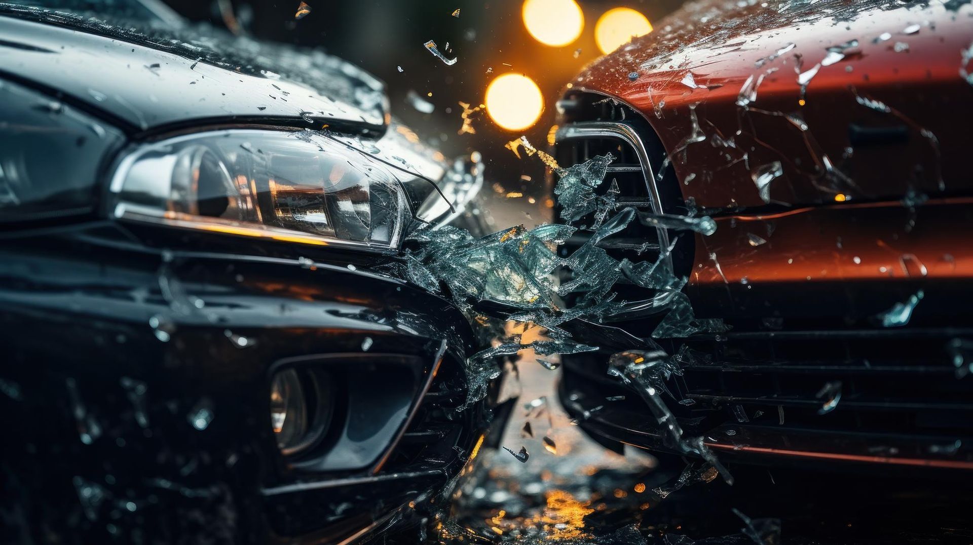 Two cars collide head-on on a wet road, with debris and sparks flying between their front bumpers.