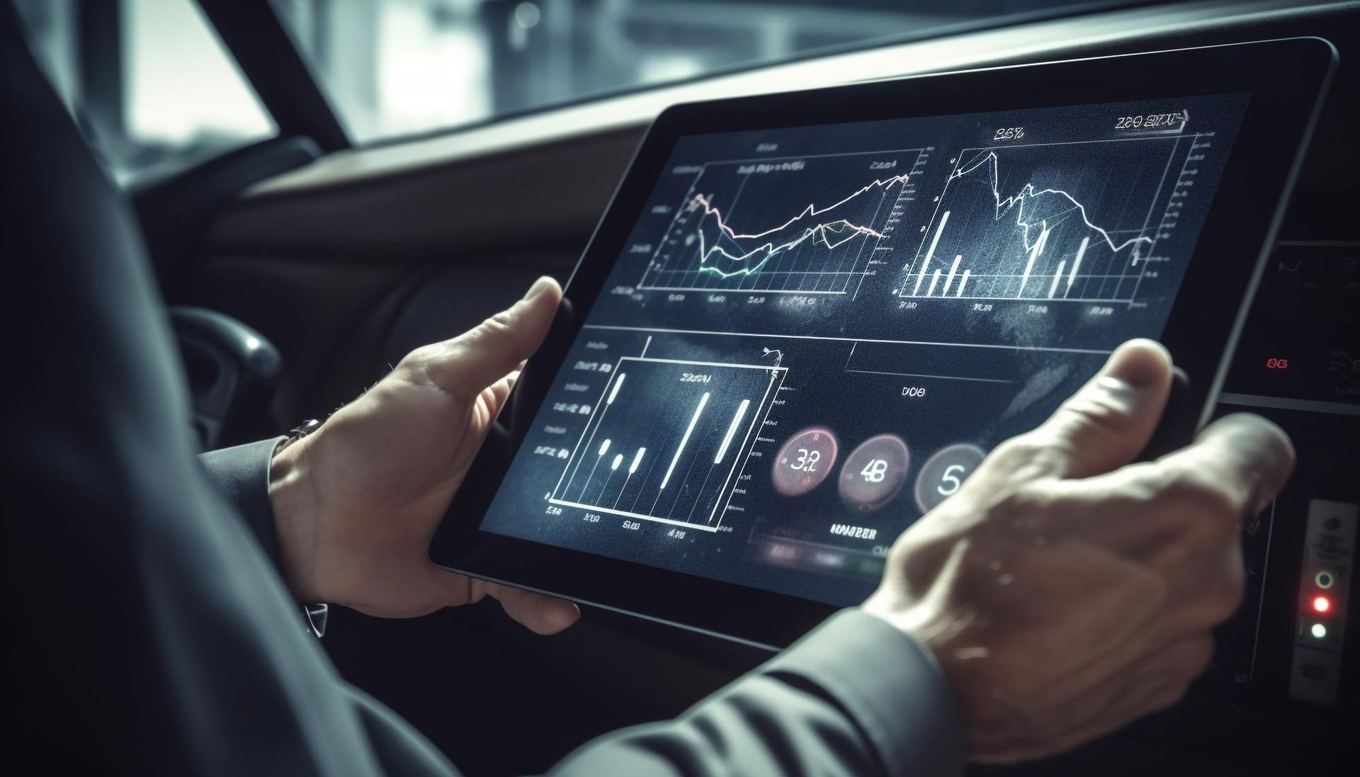 Hands holding a tablet showing financial charts and data dashboards in a dim car interior
