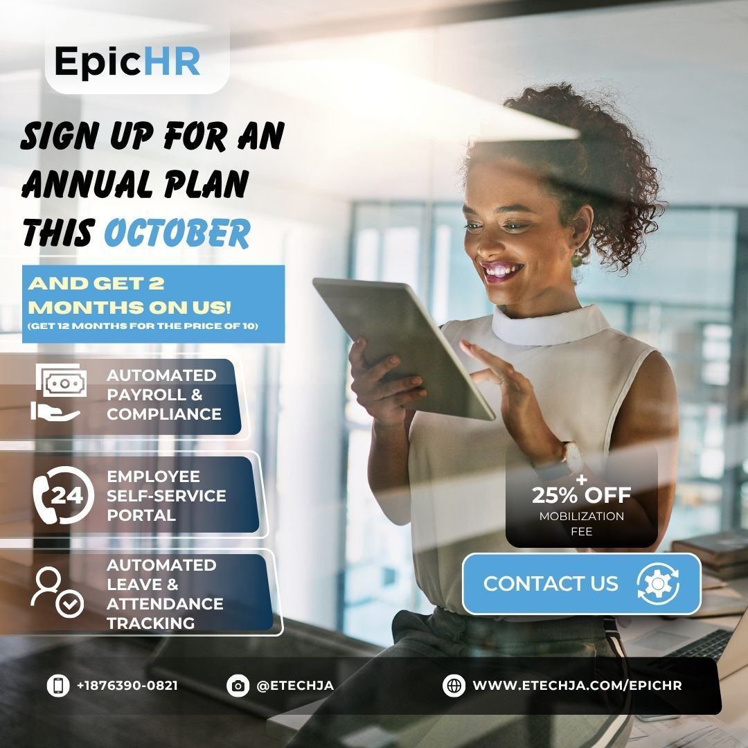 EpicHR promo banner with smiling woman using a tablet and text about annual plan, discounts, and contact us