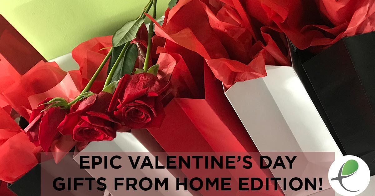Red roses spilling from gift bags, Valentine's Day gifts. Text:
