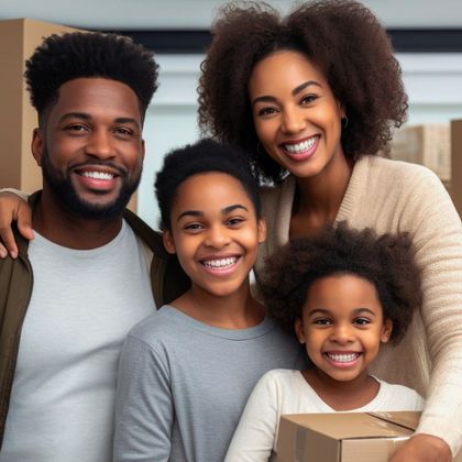 Four smiling people standing indoors, with one holding a small cardboard box.