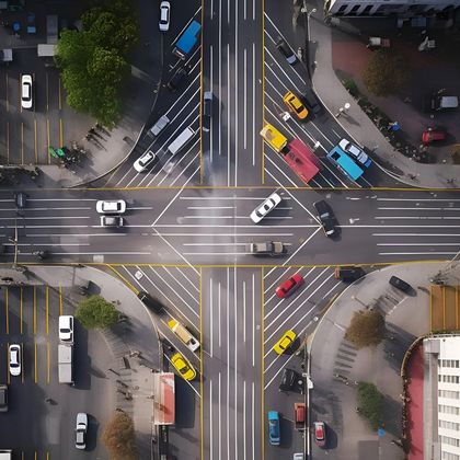 Aerial view of a busy four-way intersection with cars, buses, and pedestrians on crosswalks.