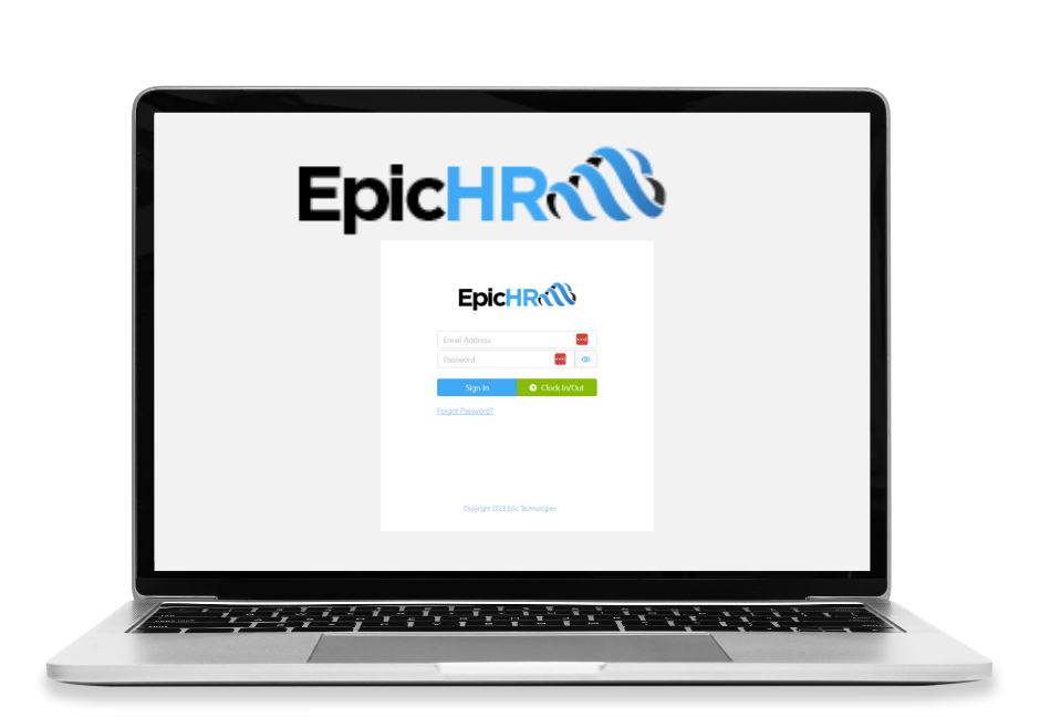 Laptop screen displaying the Epic HR login page with username and password fields.