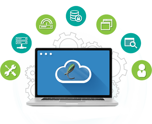 Laptop with cloud graphic surrounded by cloud computing icons.