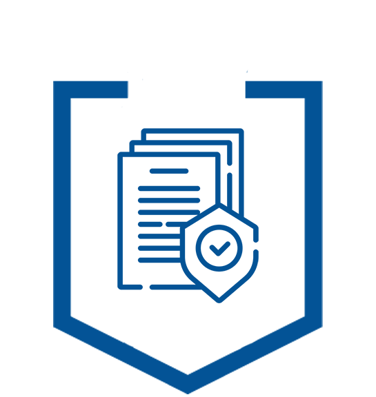 A blue shield with a stack of papers and a shield with a check mark on it.