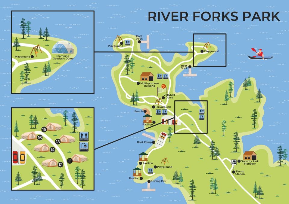 A map of river forks park with a kayak in the water