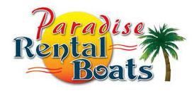 The logo for paradise rental boats shows a sun and a palm tree.