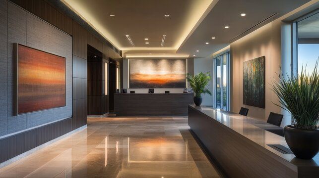 A lobby with a long table and a large painting on the wall.