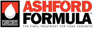 Ashford Formula logo with red and black text and Concrete Curecrete droplet icon