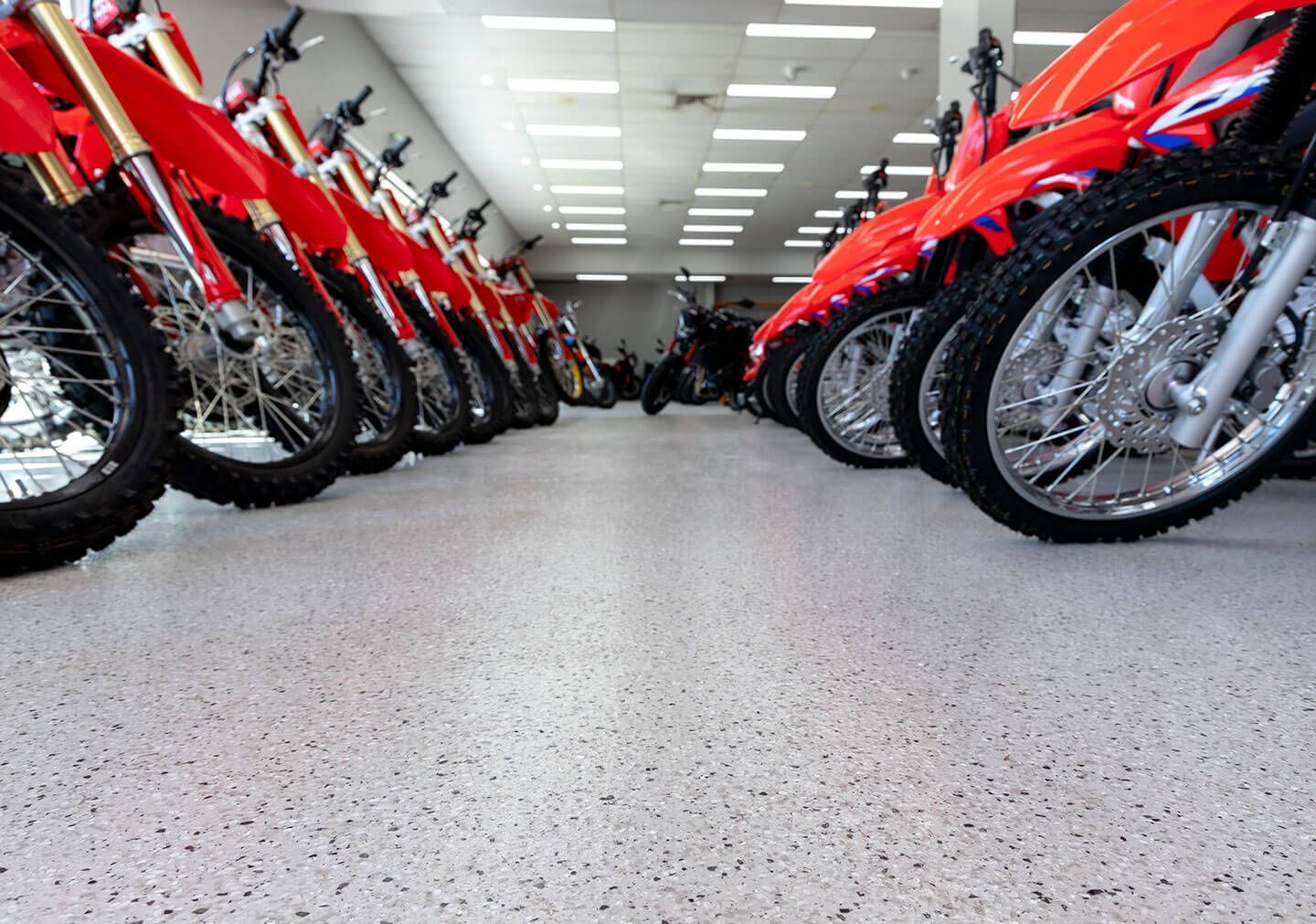 Rows of red dirt bikes lined up in a bright indoor showroom, viewed from a low angle.