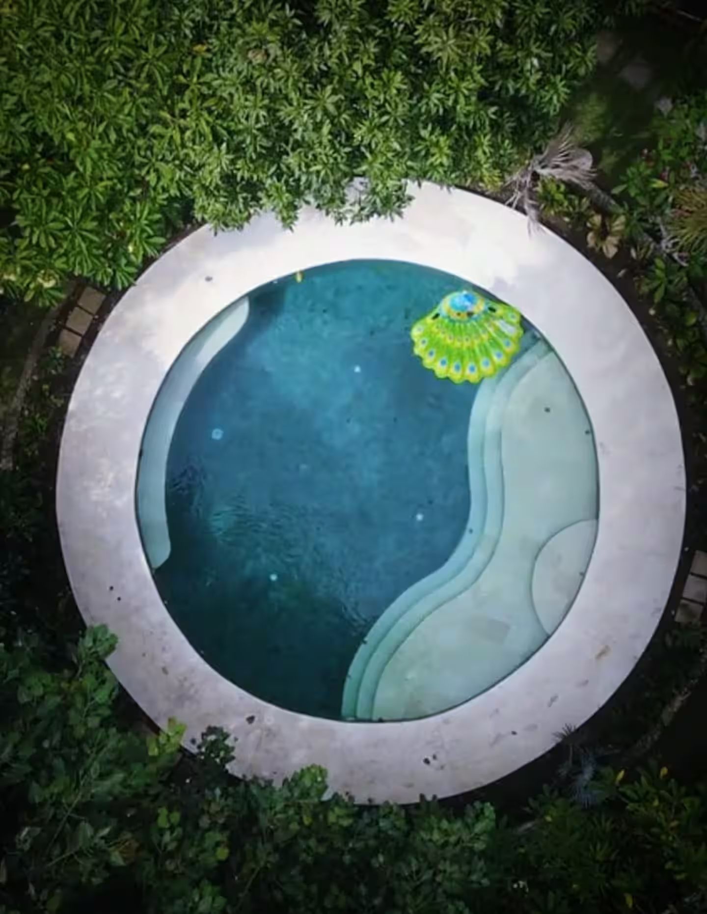 Aerial view of a circular swimming pool with light blue water. A green and yellow inflatable is in the pool.