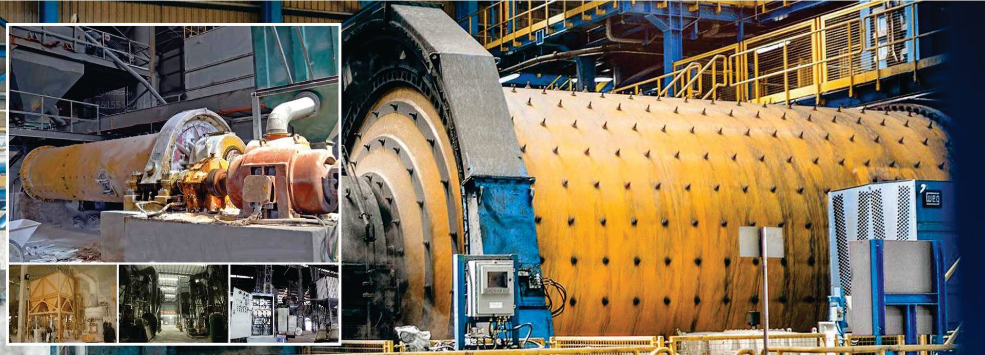 Gran molino de bolas industrial en un entorno de fábrica.