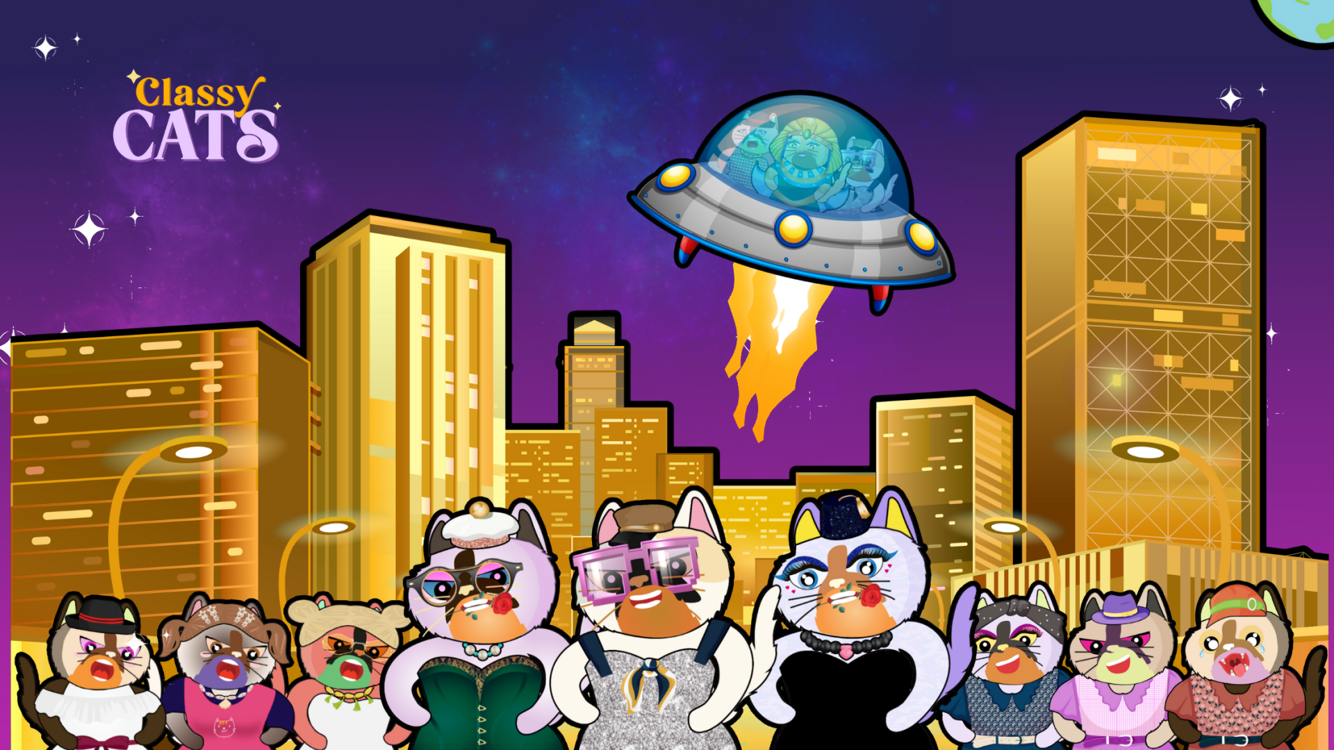 A group of cats are standing in front of a city with a ufo flying overhead.