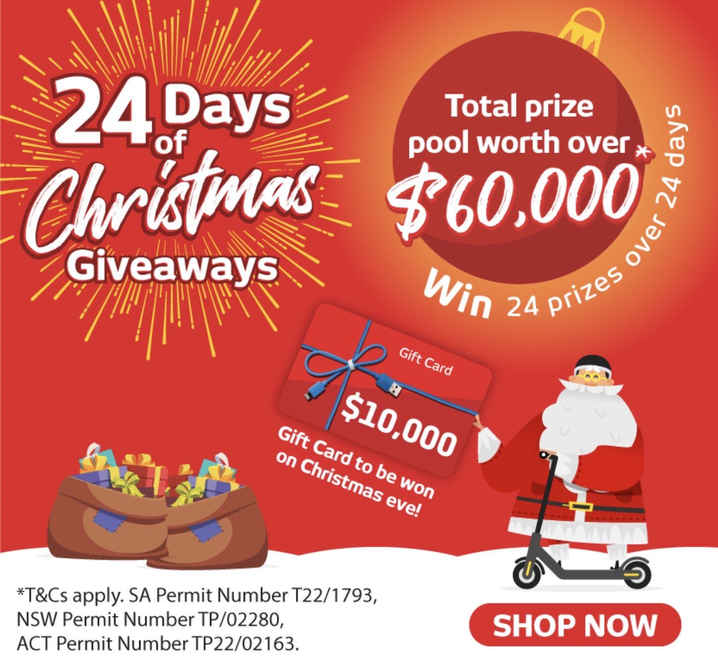A christmas giveaway with santa on a scooter and a gift card