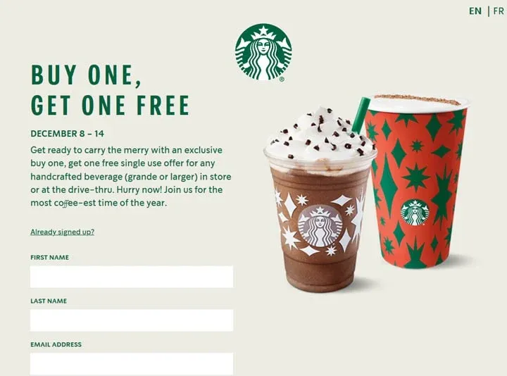 A starbucks advertisement that says buy one get one free