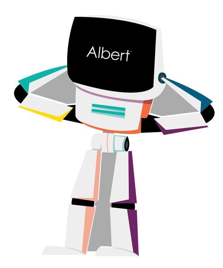 A cartoon illustration of a robot with the name albert on its head.
