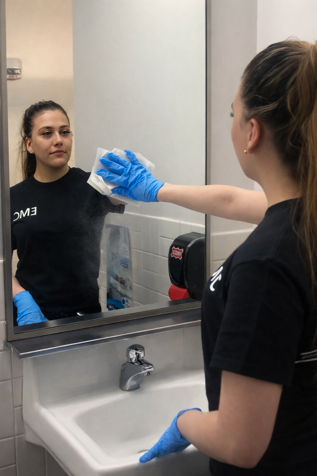 Eagle Maintenance team member providing on-site cleaning supplies at a commercial reception desk