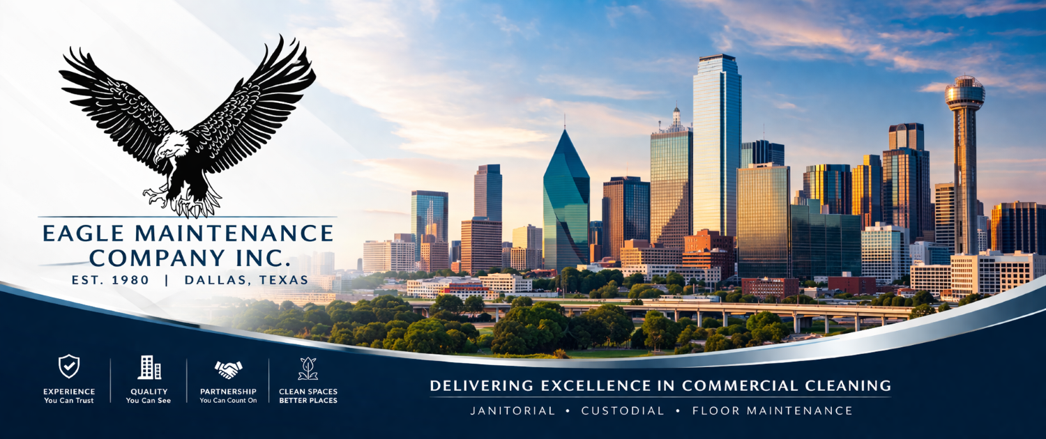 Eagle Maintenance Company Inc. branded hero banner — delivering excellence in commercial cleaning, janitorial, custodial, and floor maintenance across Dallas, Texas since 1980