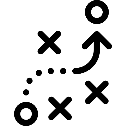 Diagram van een strategisch plan met pijlen, stippen, cirkels en kruisjes.