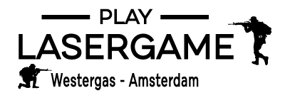 Logo voor Lasergame bij Westergas, Amsterdam. Tekst: SPEEL, LASERGAME. Silhouetten van gewapende figuren.
