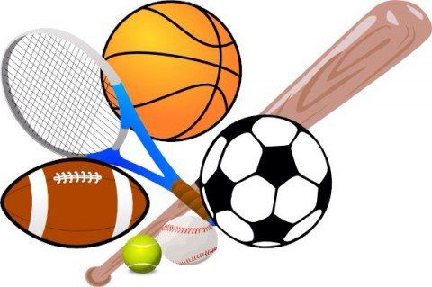 Diverse sportartikelen: basketbal, tennisracket, voetbal, honkbalbat, voetbal, honkbal en tennisbal.