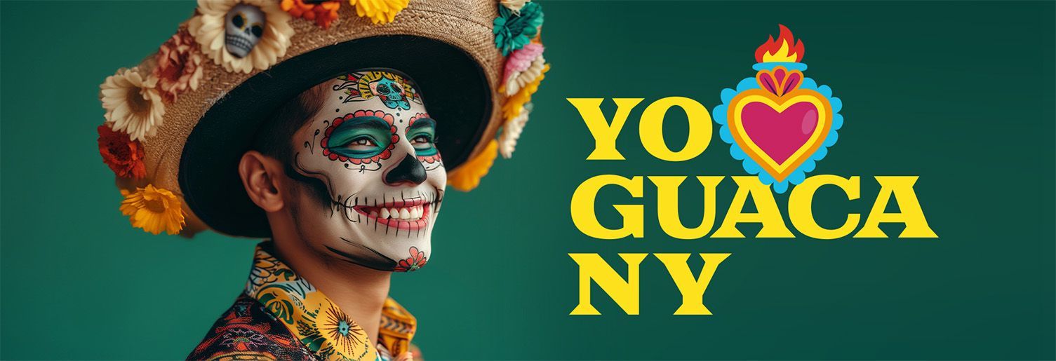 Esqueleto colorido do Dia dos Mortos com um sombrero ao lado da inscrição amarela 