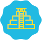 Ícone amarelo do templo dentro de um emblema azul com bordas onduladas.